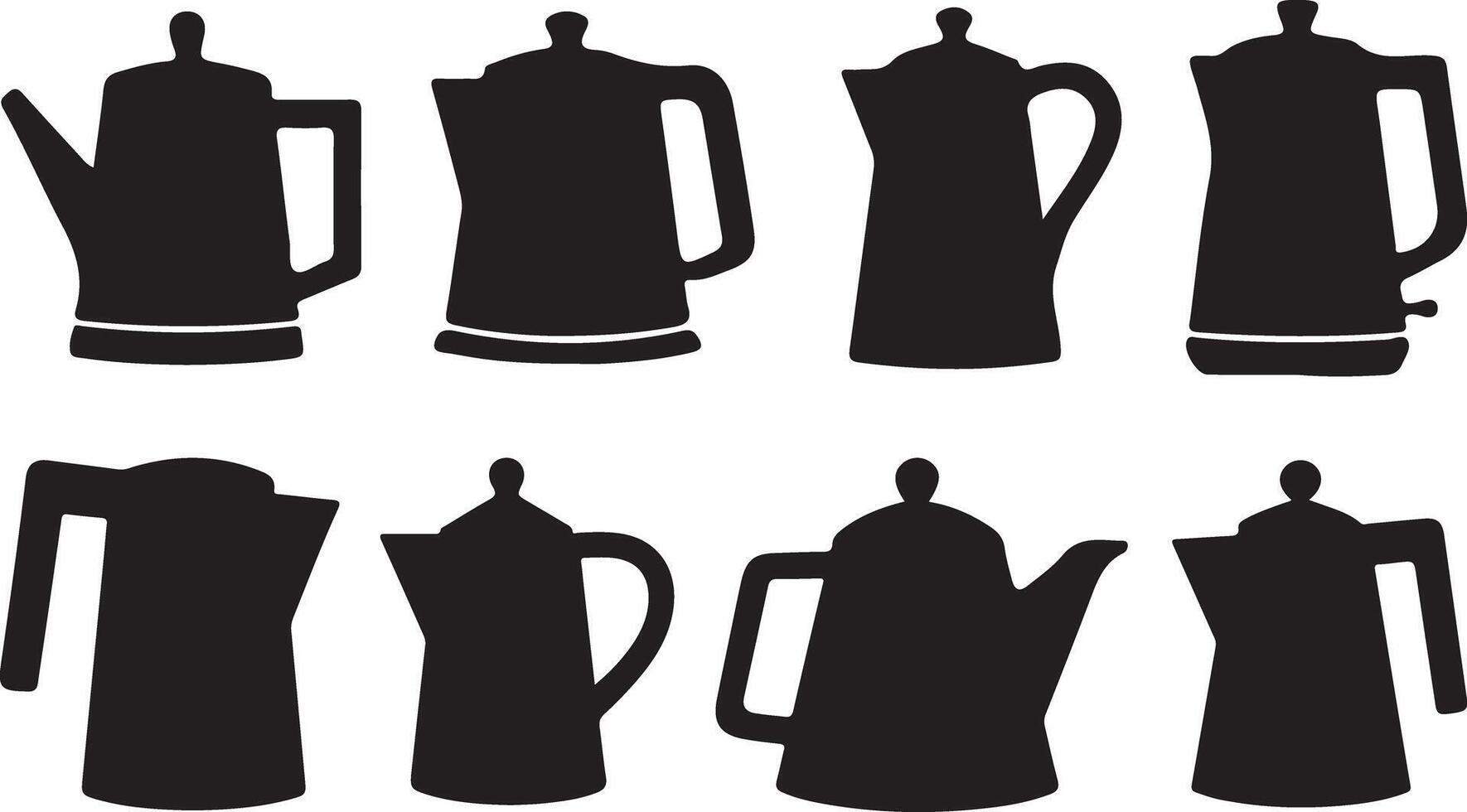 Set of black silhouette teapots in various poses vector