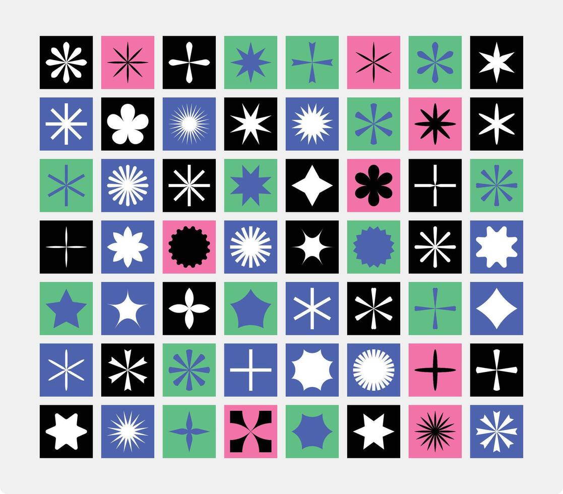 Abstract Geometric Shapes with Stars, Flowers and Light Sparks Filled Color Designs vector