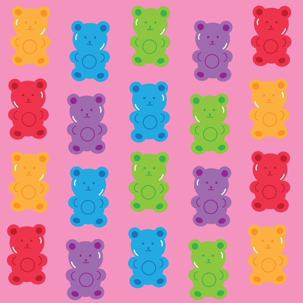 Cartoon gummy bears chewy fruit jelly sweets cute colorful jelly gummy bears pattern Dessert and confectionery treats Junk and sugary food vector