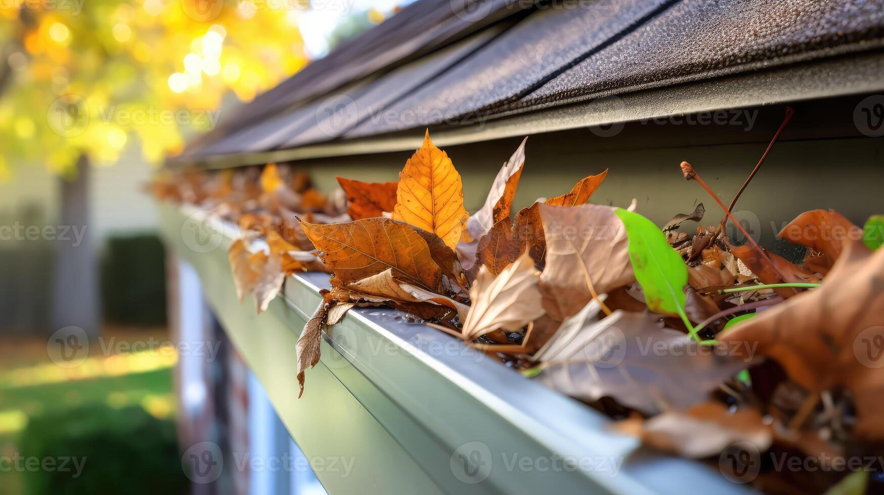 brown leaves on gutter photo