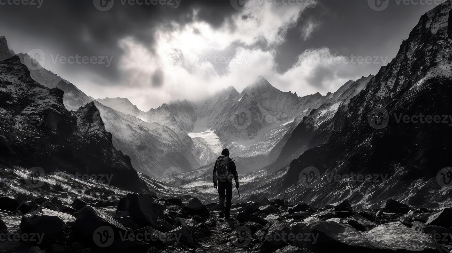 hiker black and white mountains photo