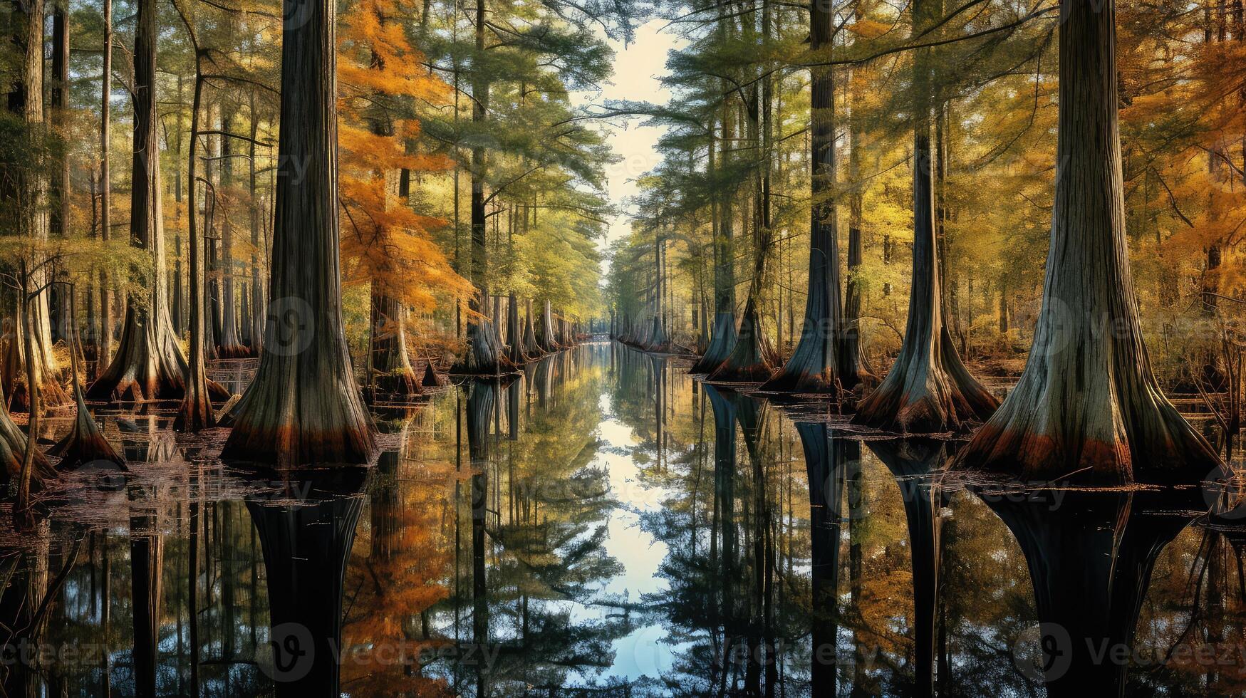 mirror swamp cypress trees photo