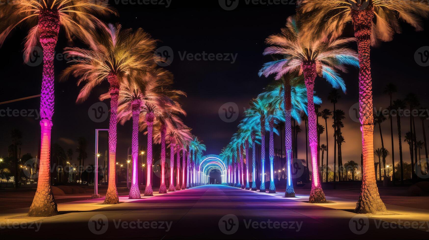 lights palm trees at night photo