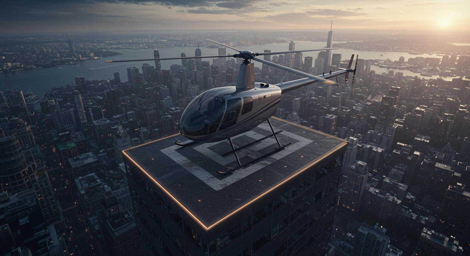 Helicopter on top of skyscraper at sunset photo