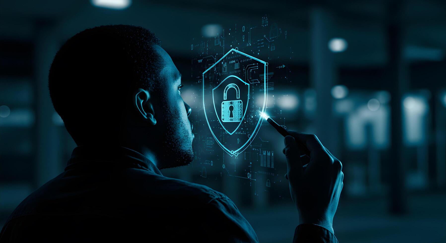 Cybersecurity Expert Analyzing Digital Shield and Lock Data Protection Concept photo