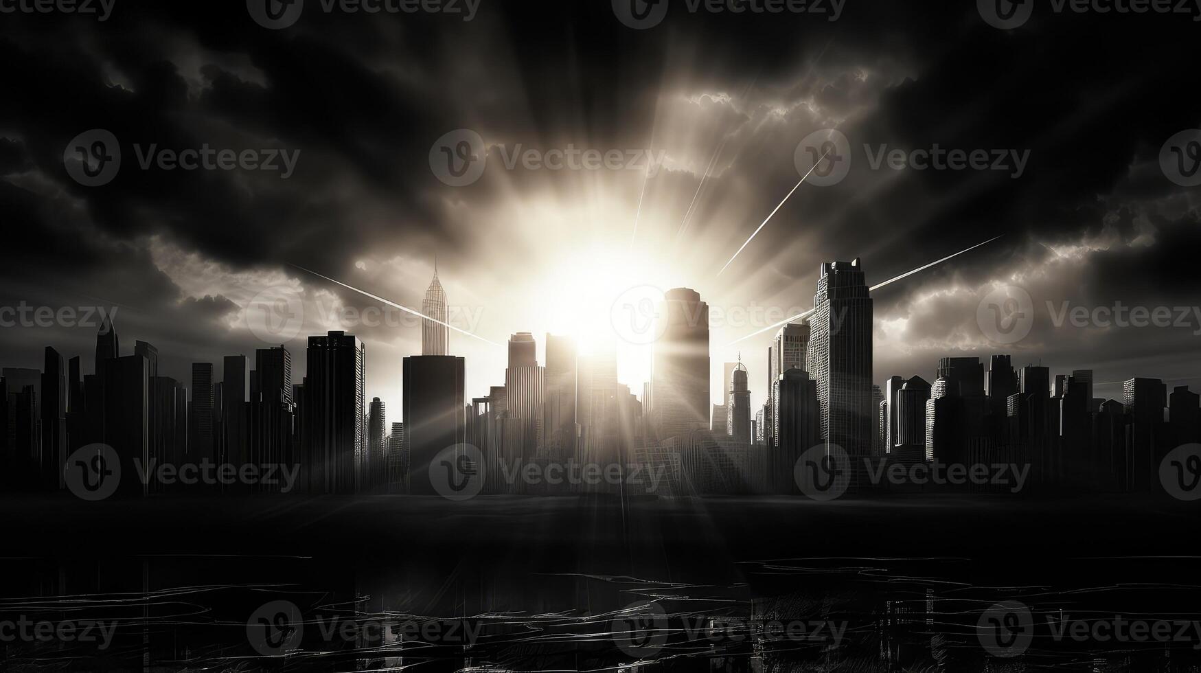 cityscape sun illustration black and white photo