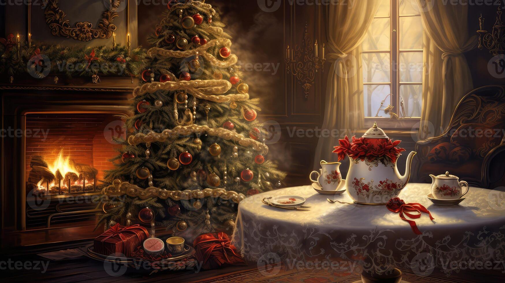 festive christmas tree and fireplace photo