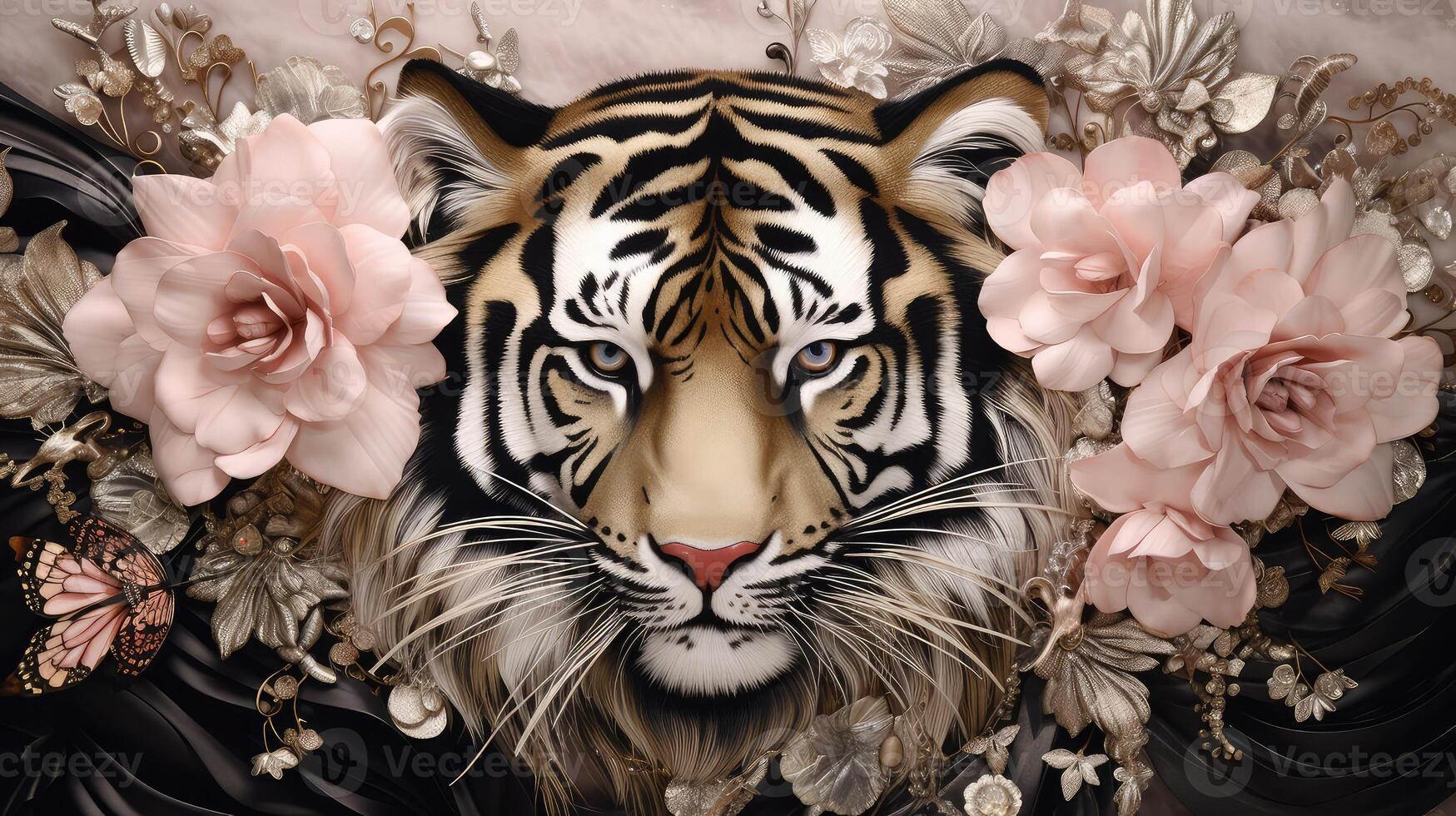 gold tiger black and white photo