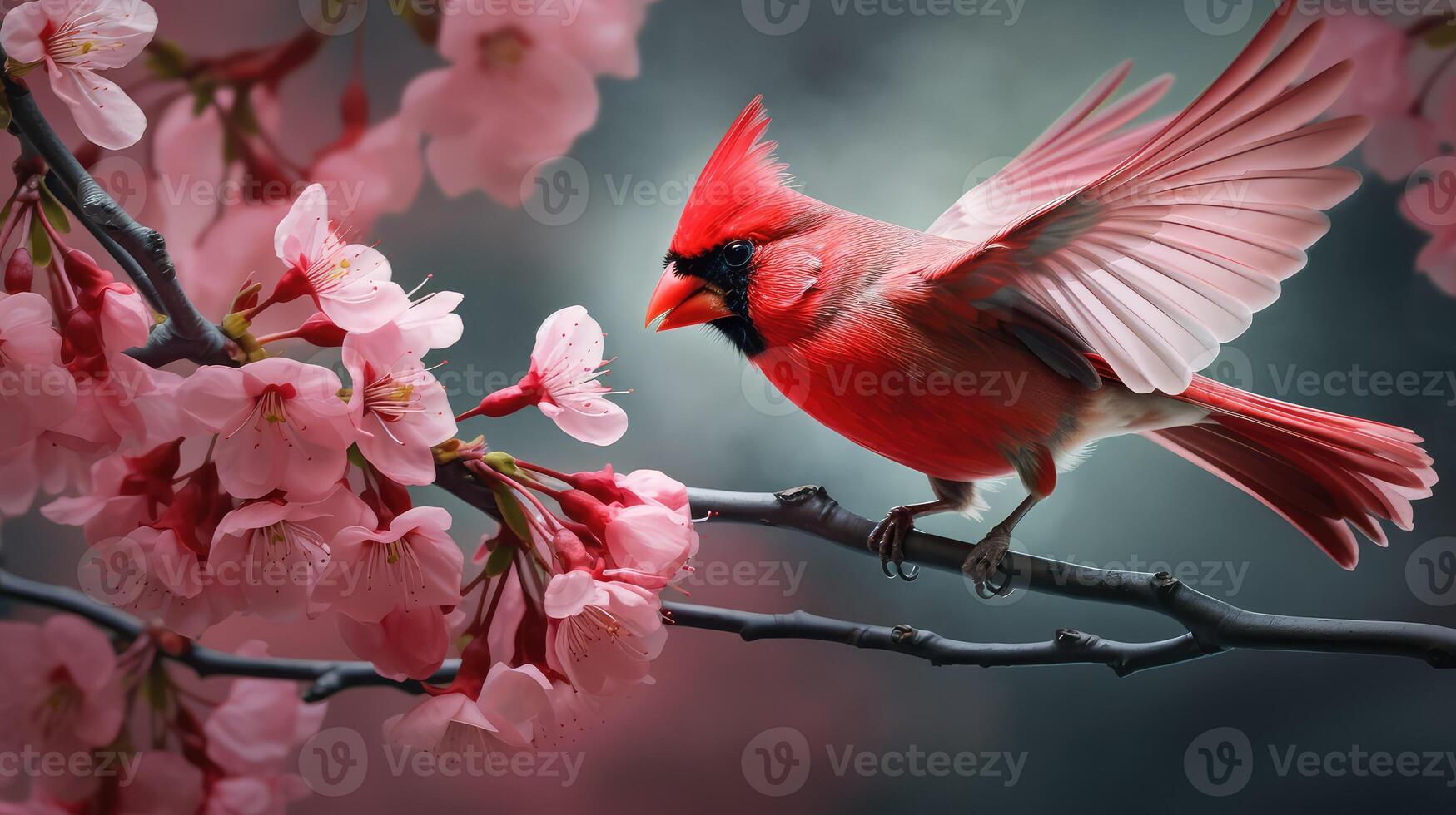 flight cardinal in cherry tree photo