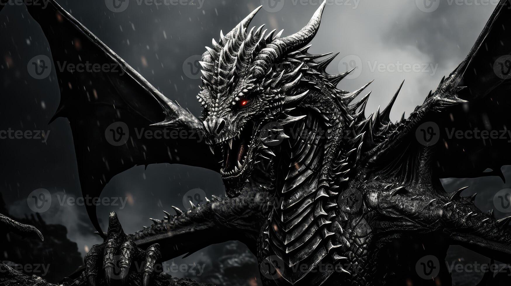 wings dragon black and white photo