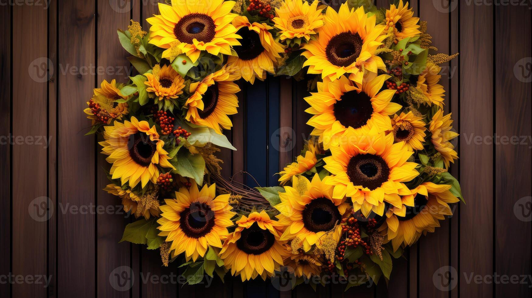 door sunflowers on wood photo