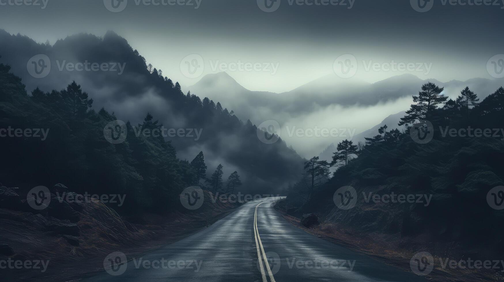 fog mountain and road photo