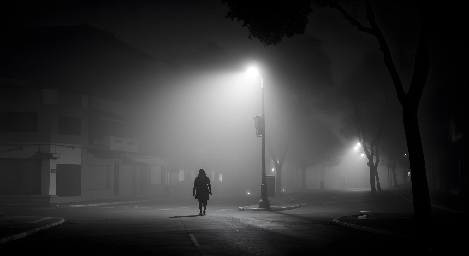 Solitary Figure Walking Through Foggy Night Street Lit by Streetlights photo