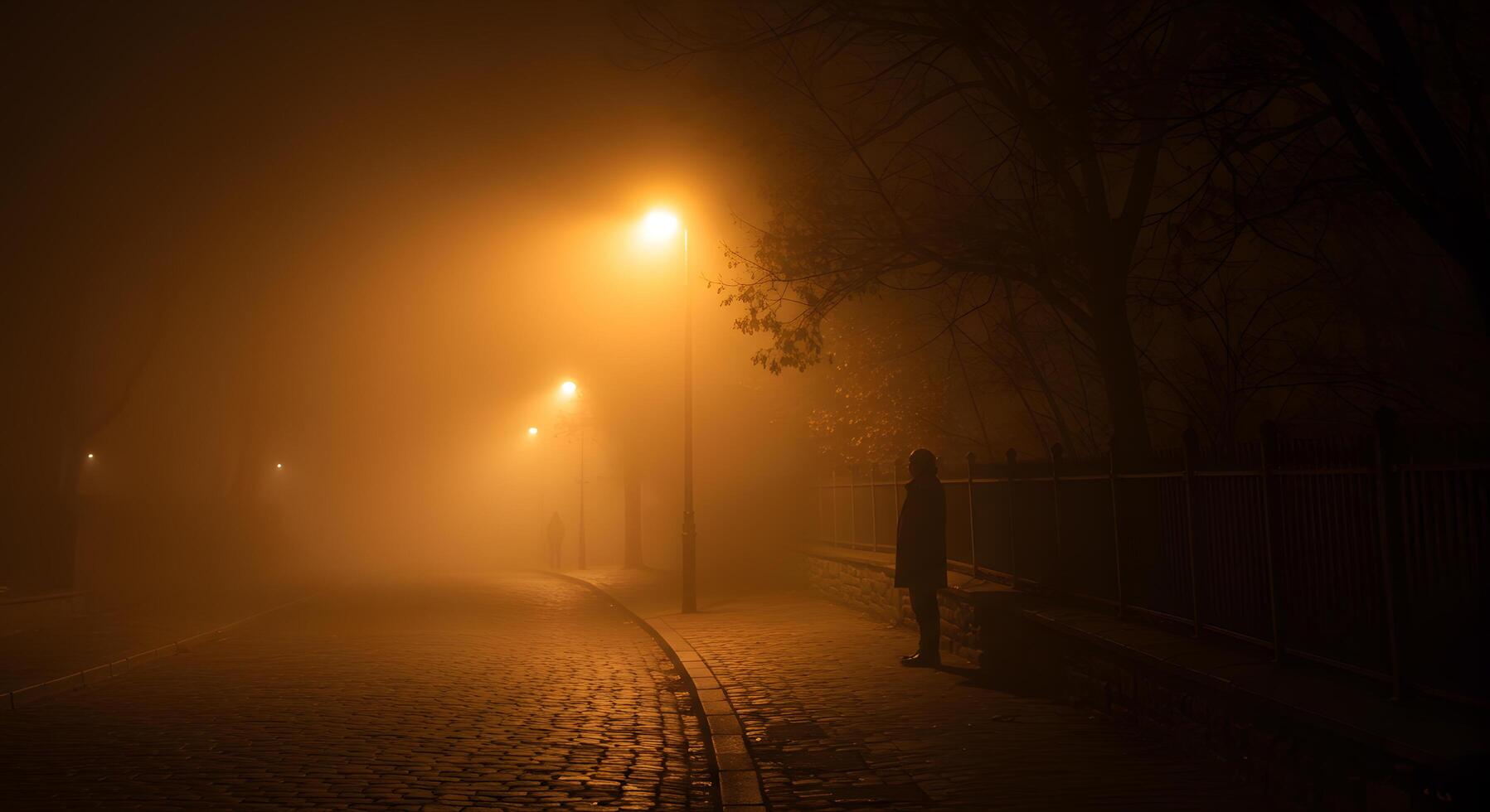 Mysterious Night Scene Foggy Street, Solitary Figure, Orange Glow of Streetlights photo