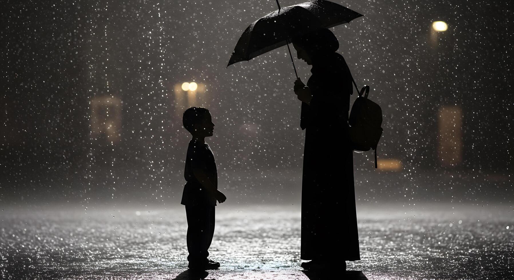 Silhouette of a Mother and Child in the Rain at Night A Tender Moment Under an Umbrella photo