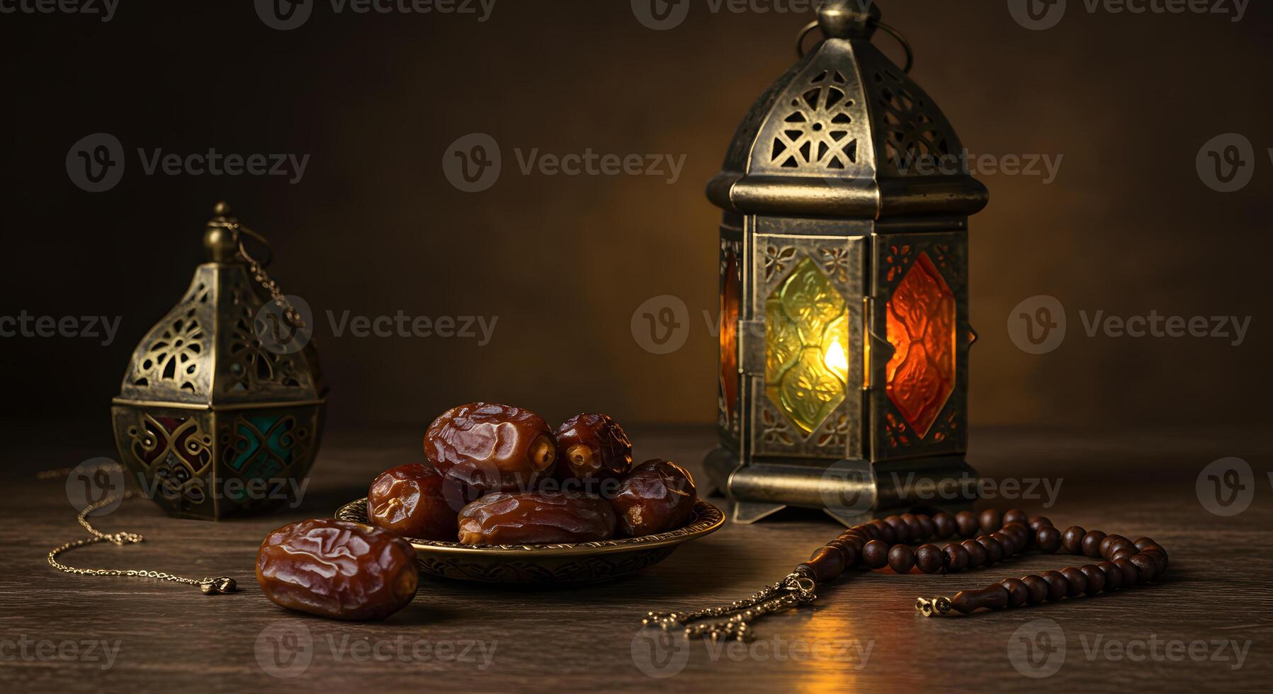Serene Ramadan Still Life Dates, Lantern, and Prayer Beads photo