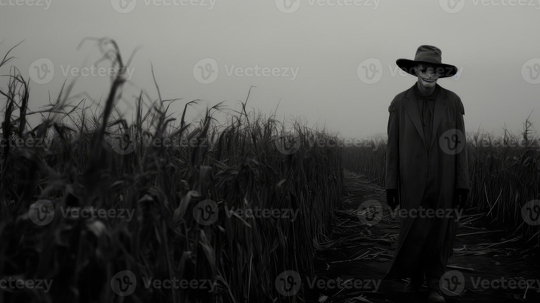 haunting black and white corn field photo