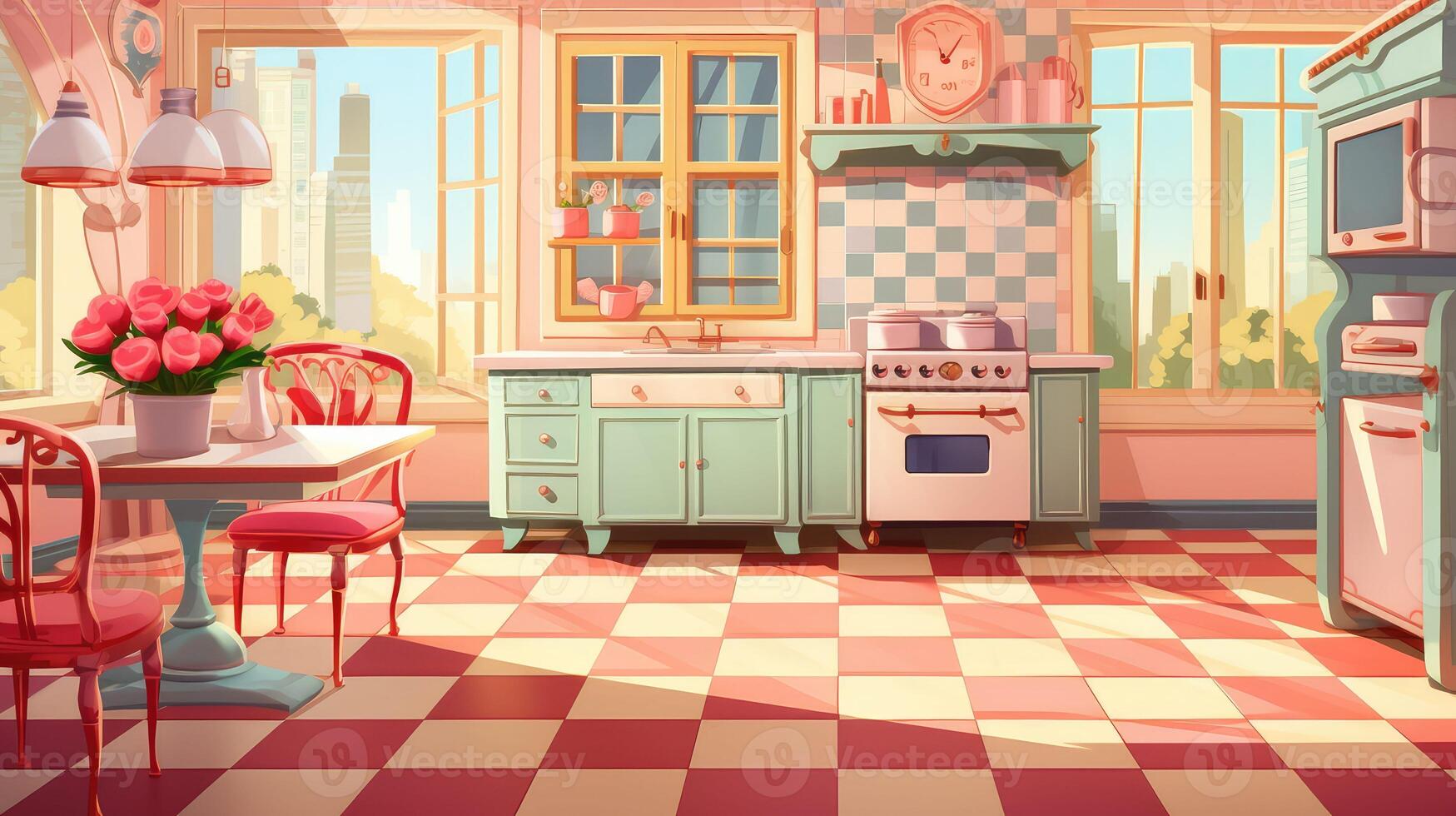 pastel cartoon kitchen background photo