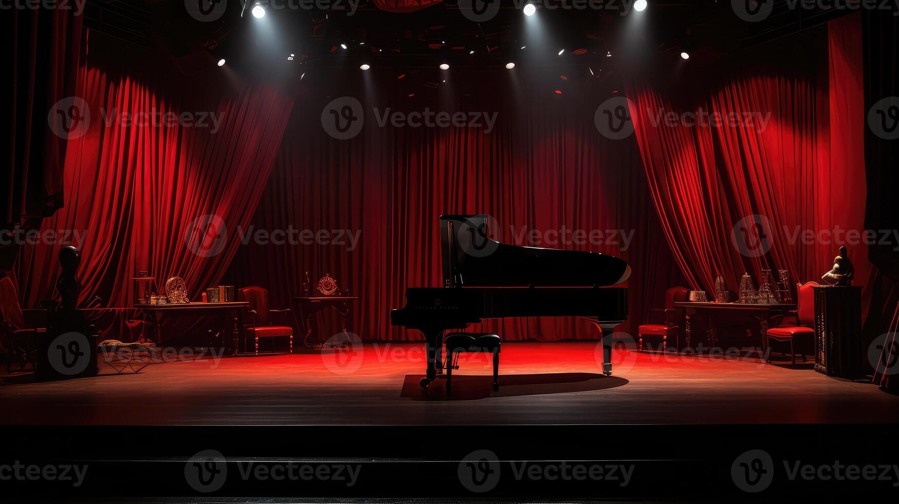 piano stage with red curtains photo