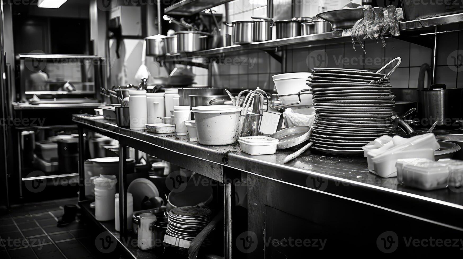 dinner restaurant kitchen black and white photo
