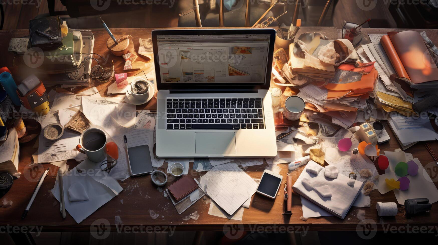 multitasking messy work desk photo