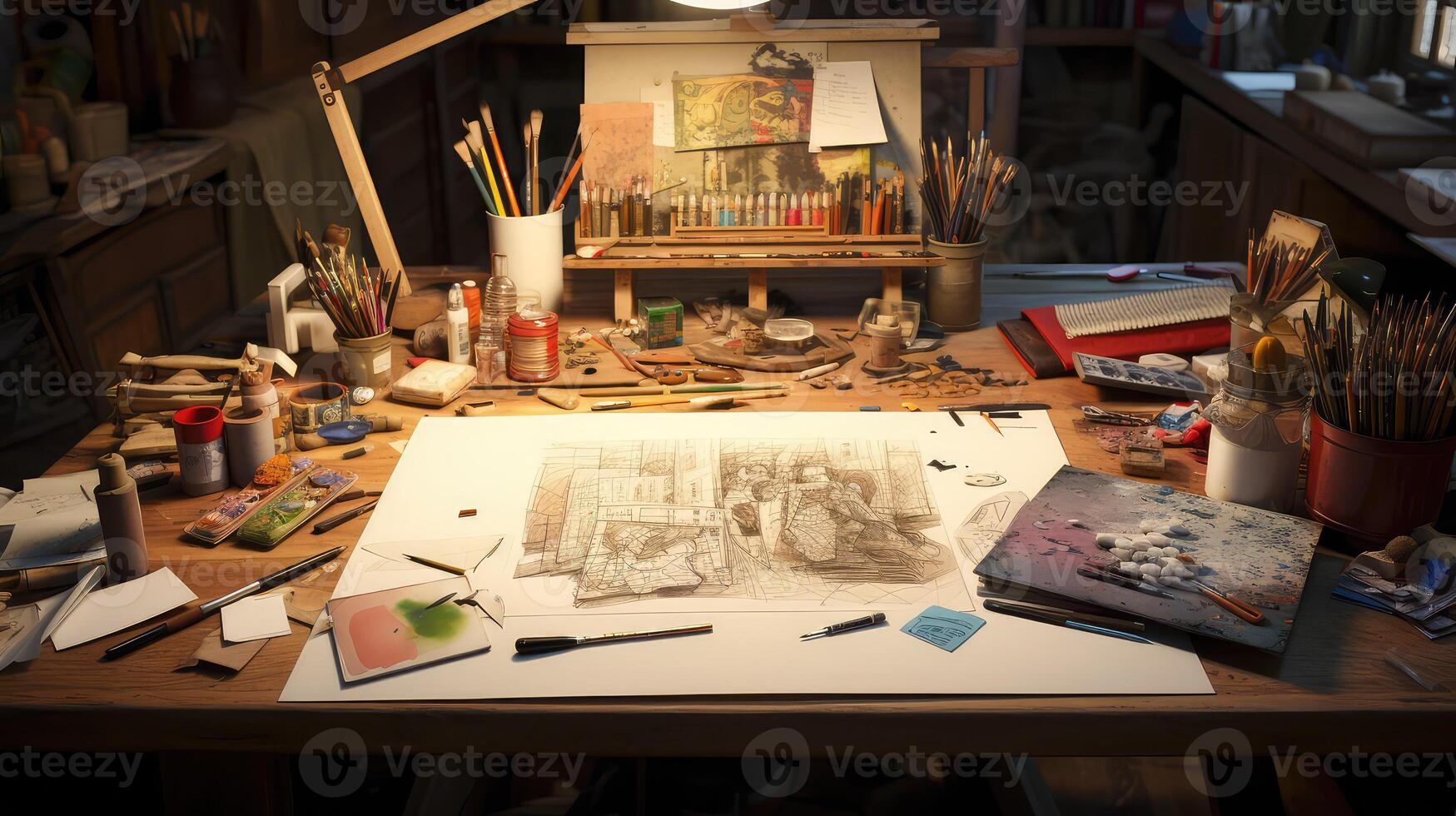 paintbrushes artist drawing table photo