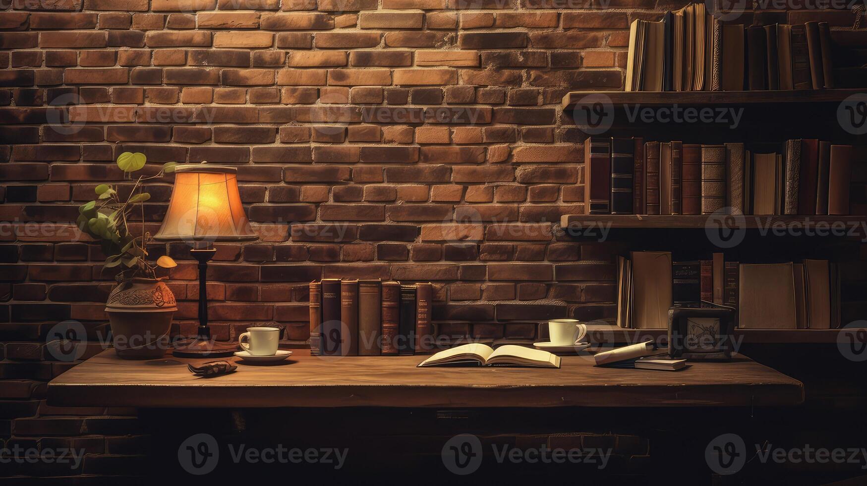 wooden brick wall desk photo