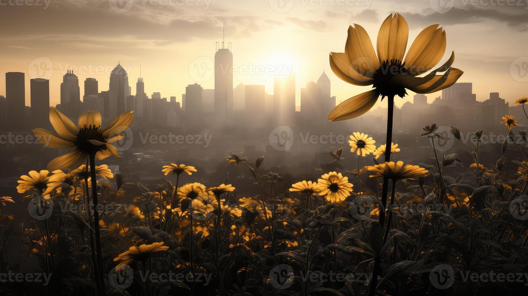 skyline black and gold flowers photo