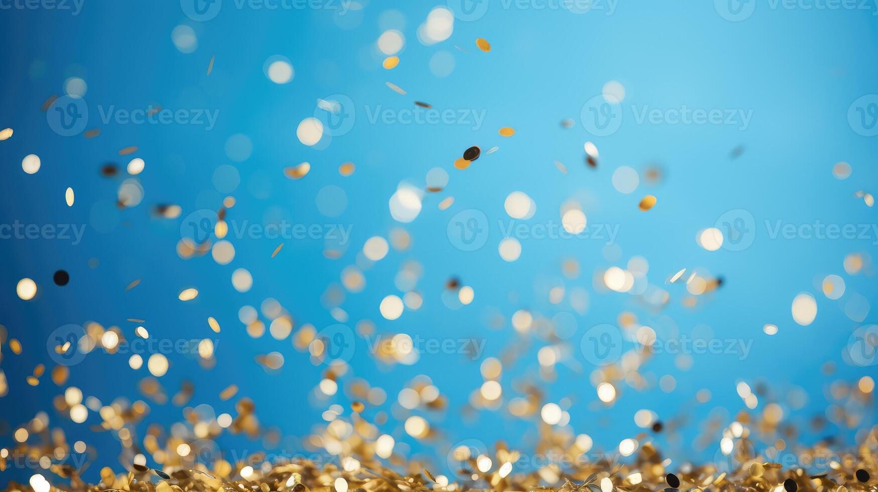 falling gold confetti blue background photo