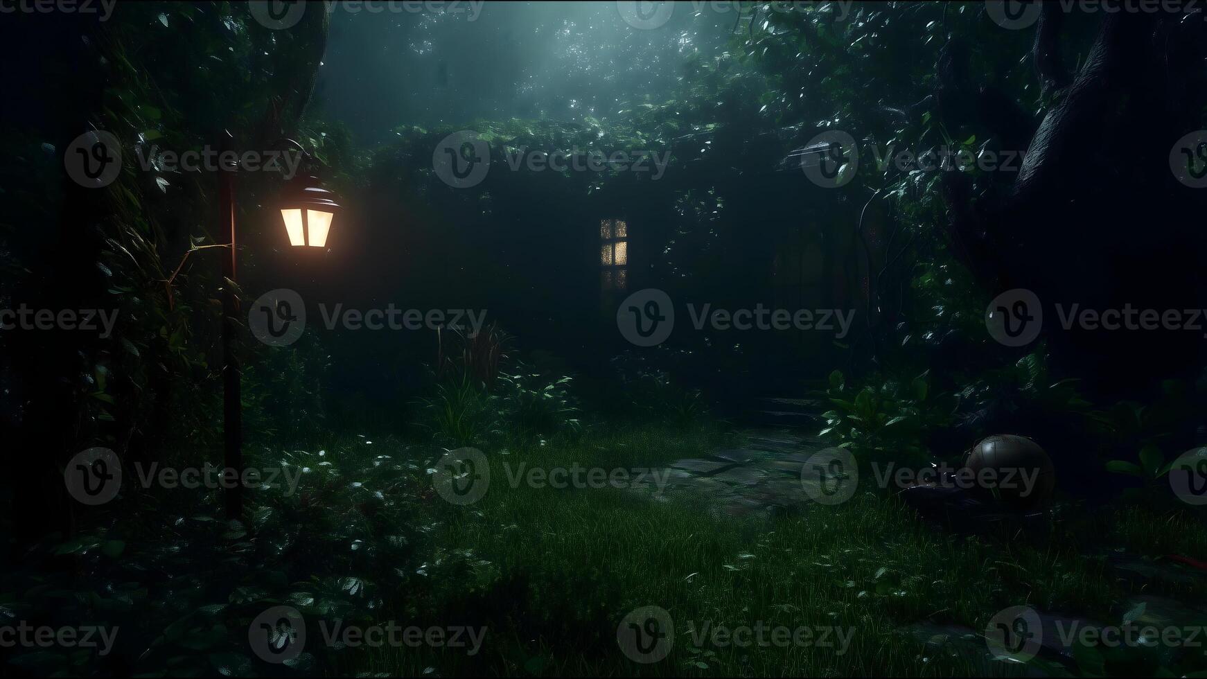 A dark, overgrown garden with a lamp post and a window photo