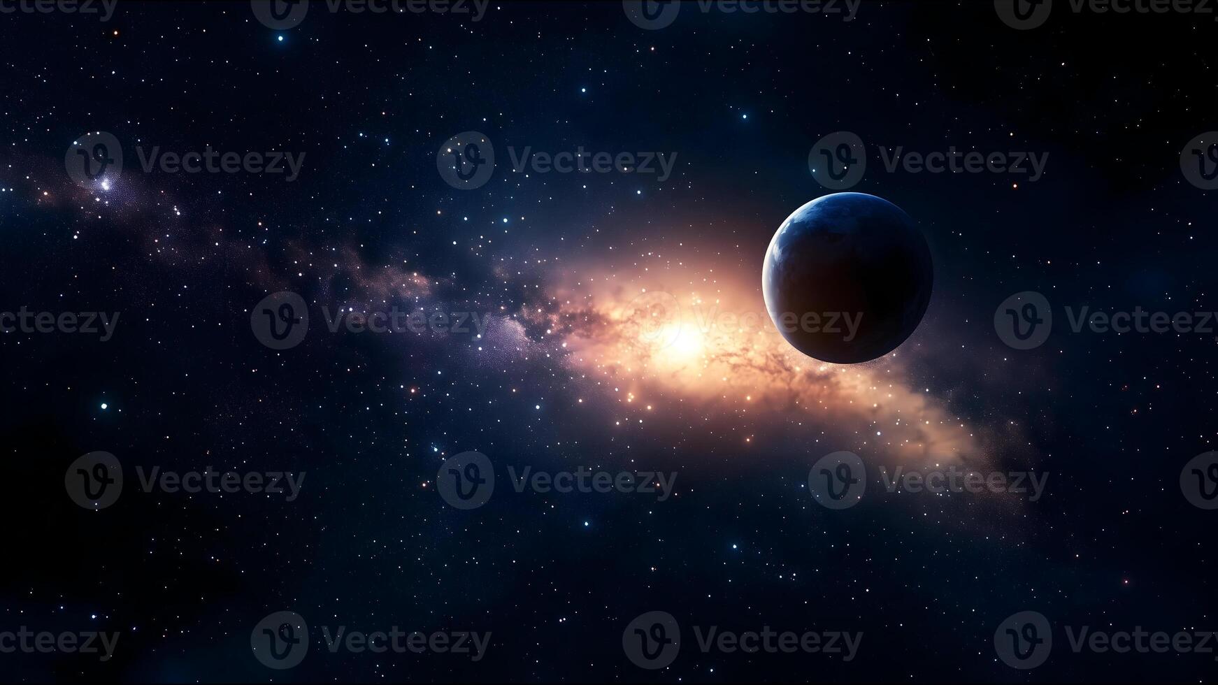 A large planet is in the middle of a galaxy with many stars photo