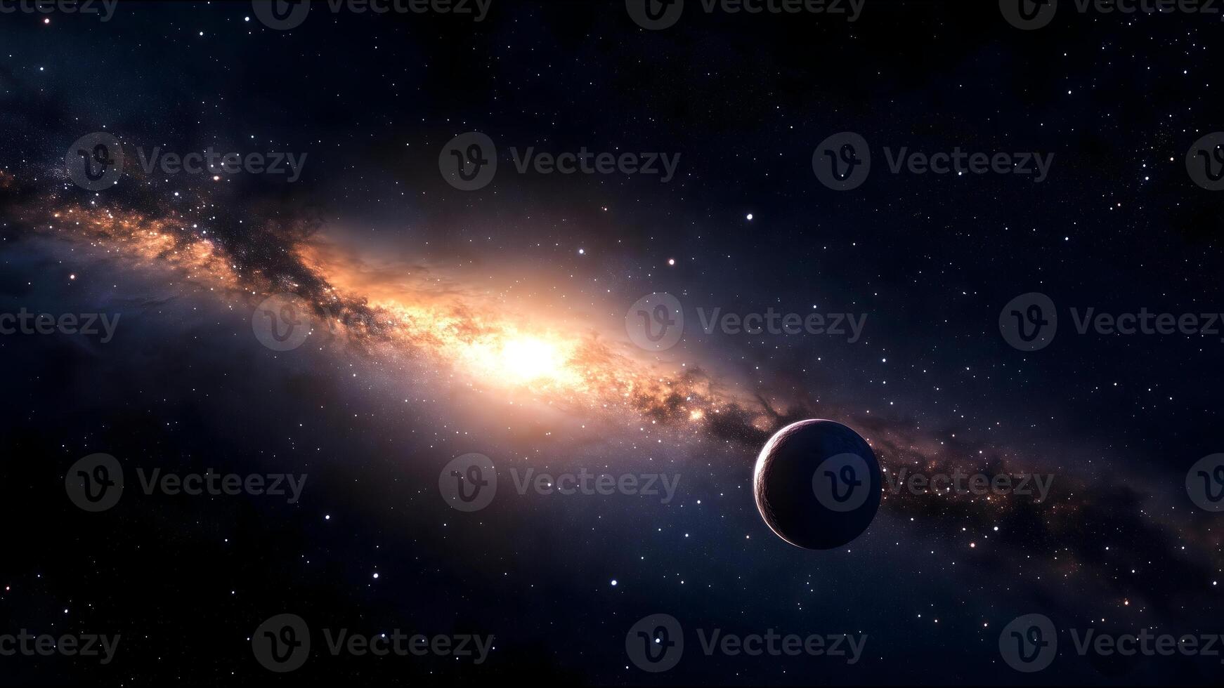 A large planet is in the middle of a galaxy with a bright yellow star photo