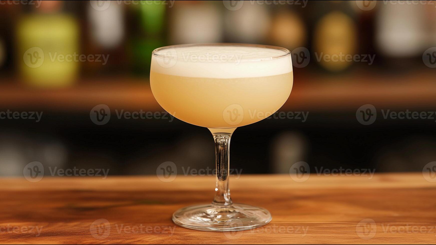 A glass of liquid is sitting on a wooden counter photo
