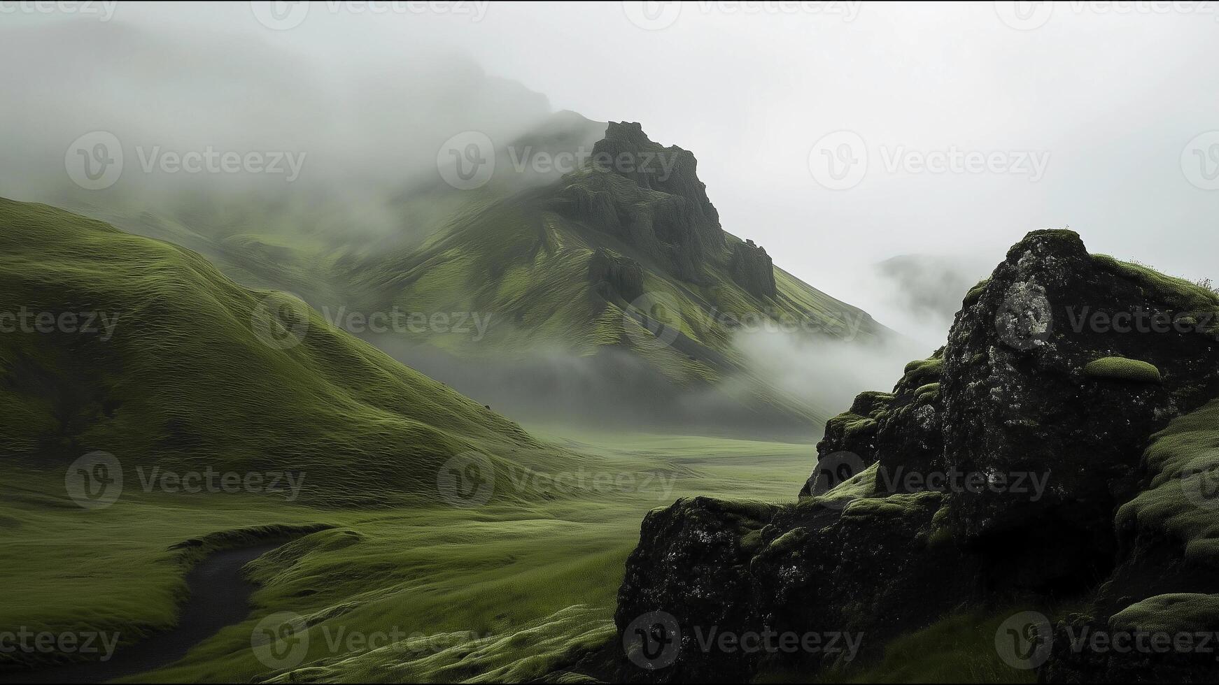 A mountain range covered in green grass and fog photo
