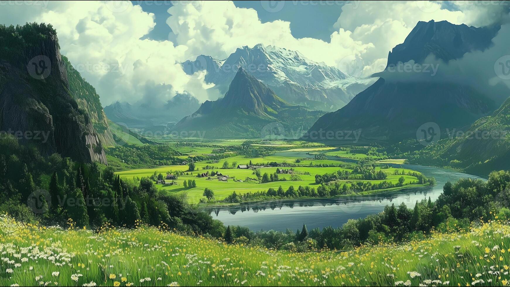 A beautiful landscape with a river running through it photo