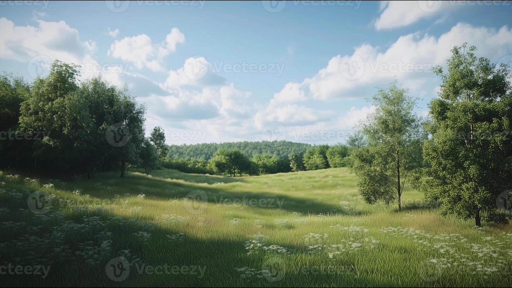 A field of grass with trees in the background photo