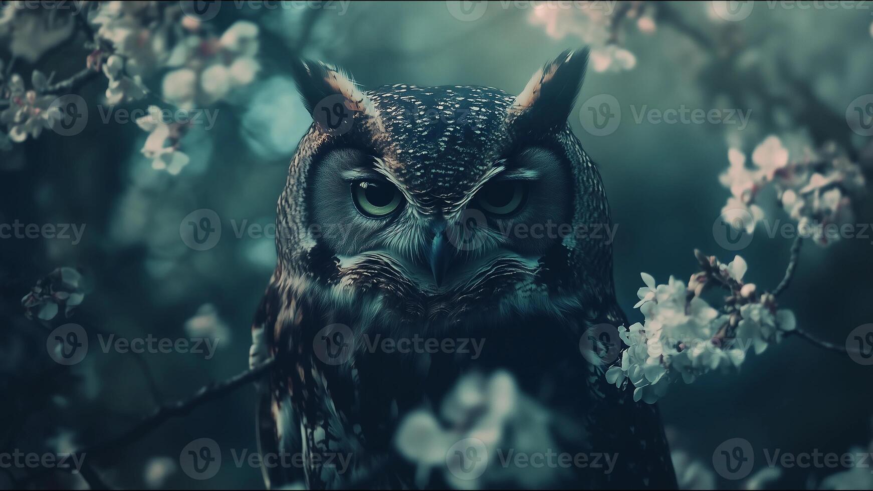 A large owl is sitting on a branch of a tree with pink flowers in the background photo