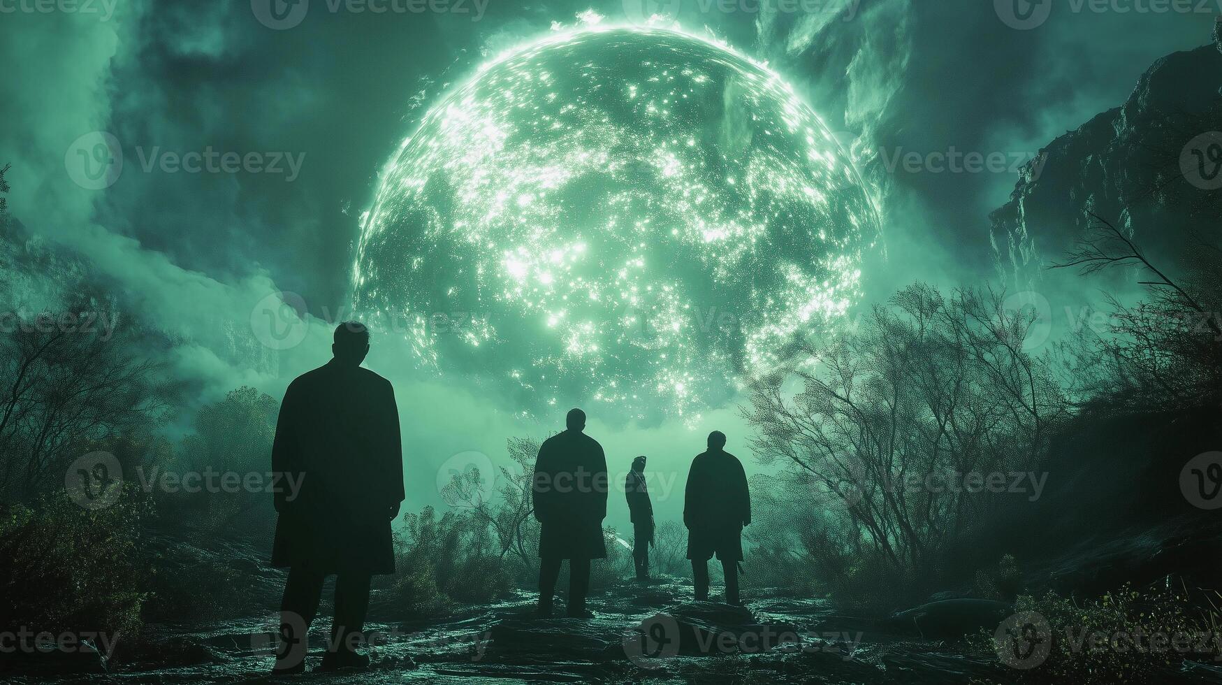 A group of people are walking through a forest with a large green glowing object in the background. Scene is eerie and mysterious photo