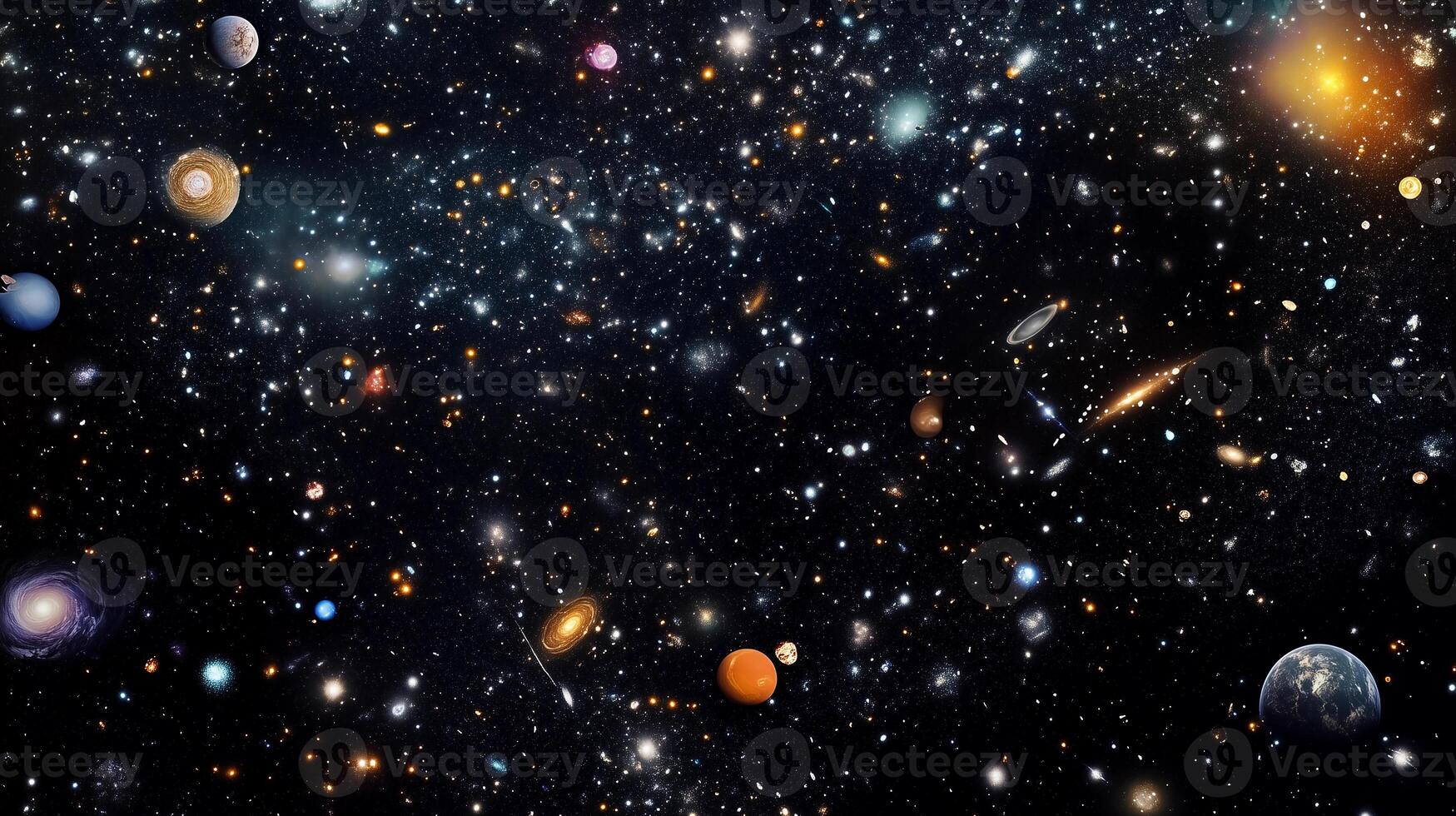 A galaxy with many stars and planets, including a red planet. The stars are scattered throughout the galaxy, with some closer together and others further apart photo