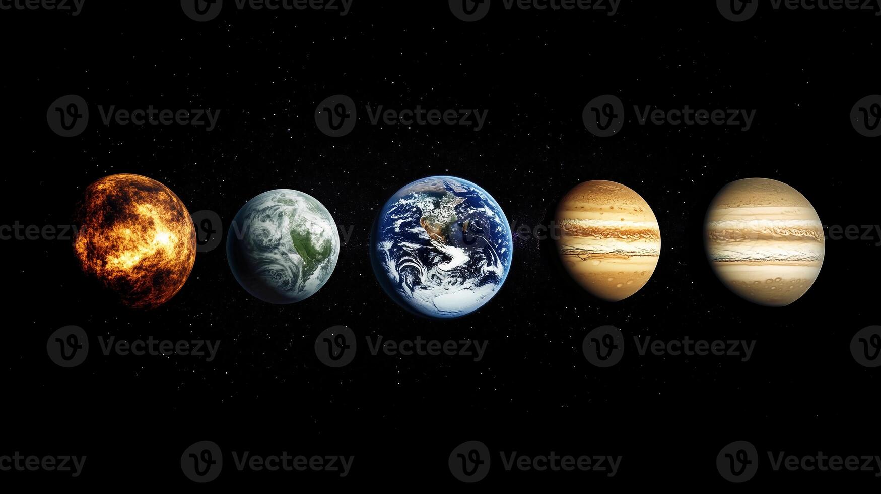 A series of planets are shown in a row, with the first one being a red planet and the last one being a yellow planet photo
