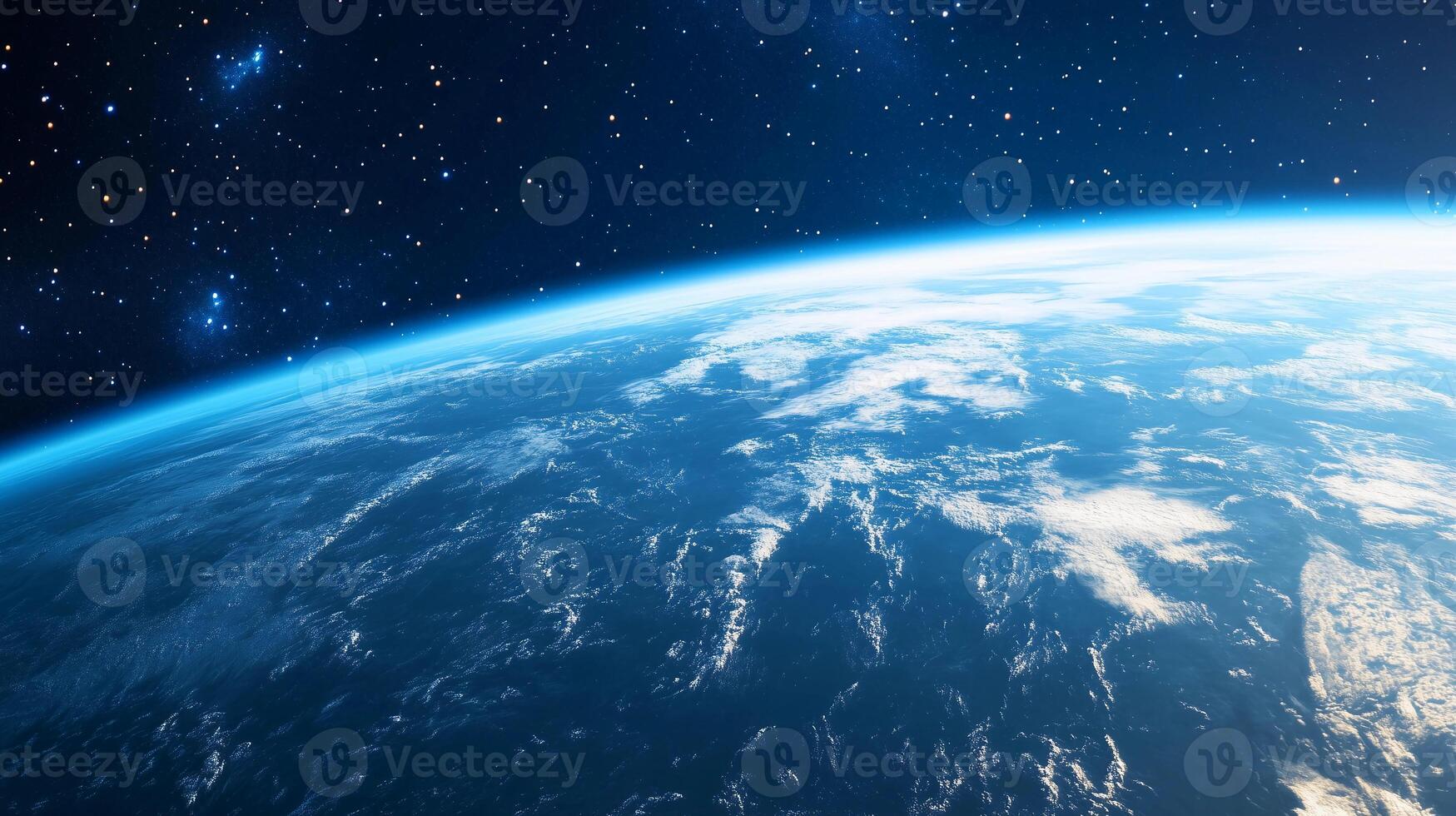 The blue planet is surrounded by a vast expanse of stars. The stars are scattered throughout the sky, creating a sense of depth and wonder. The planet appears to be a peaceful photo