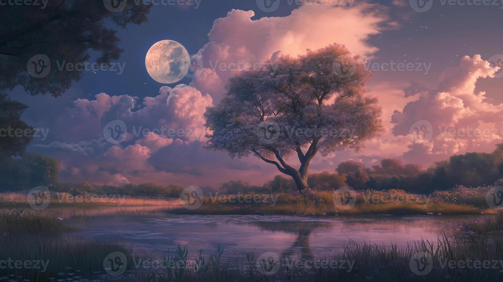A tree is in the foreground of a lake with a full moon in the background. The sky is cloudy and the mood of the image is peaceful and serene photo