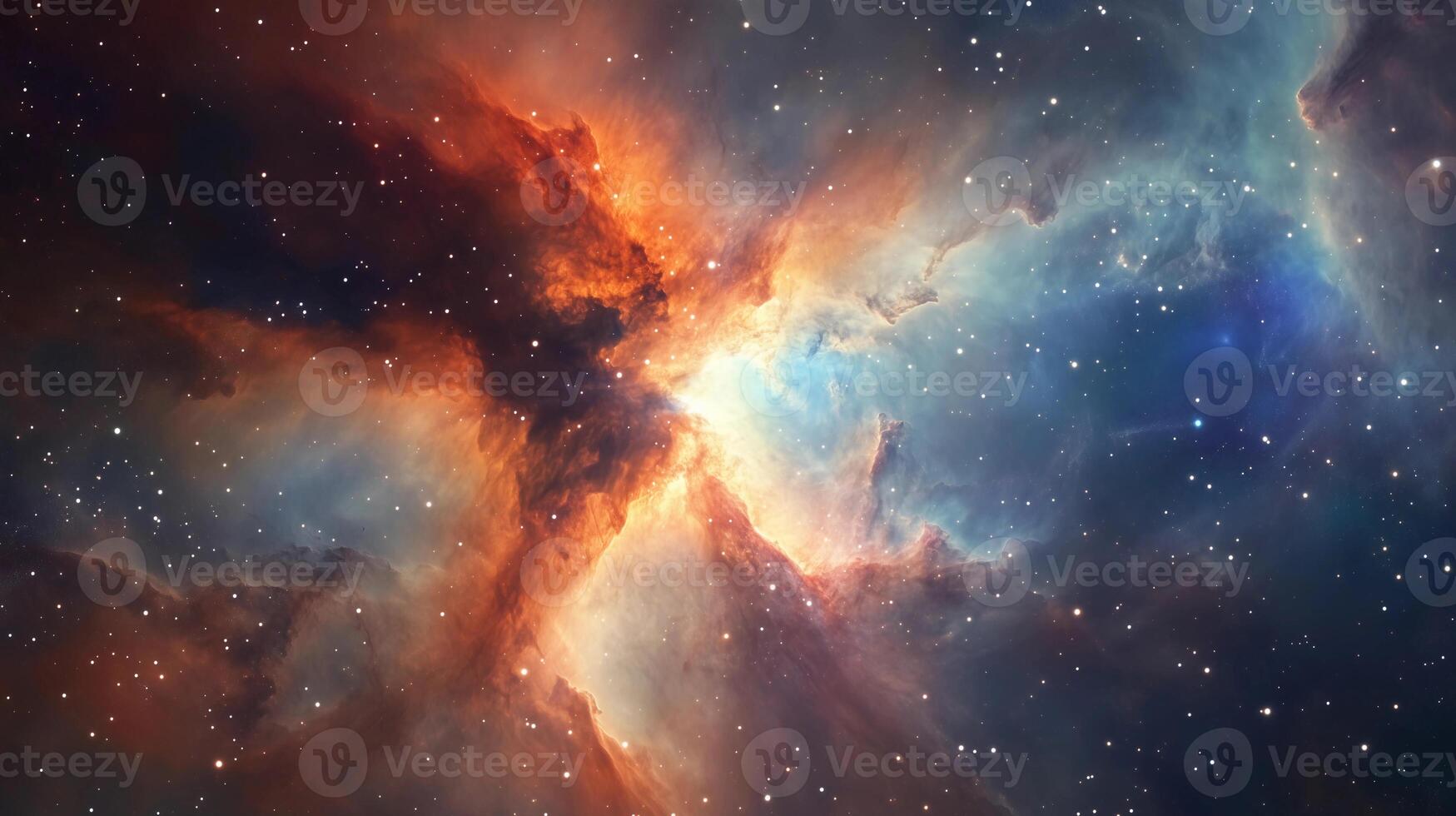 A colorful space scene with a large orange cloud in the middle. The stars are scattered throughout the image, with some closer to the foreground and others further away photo