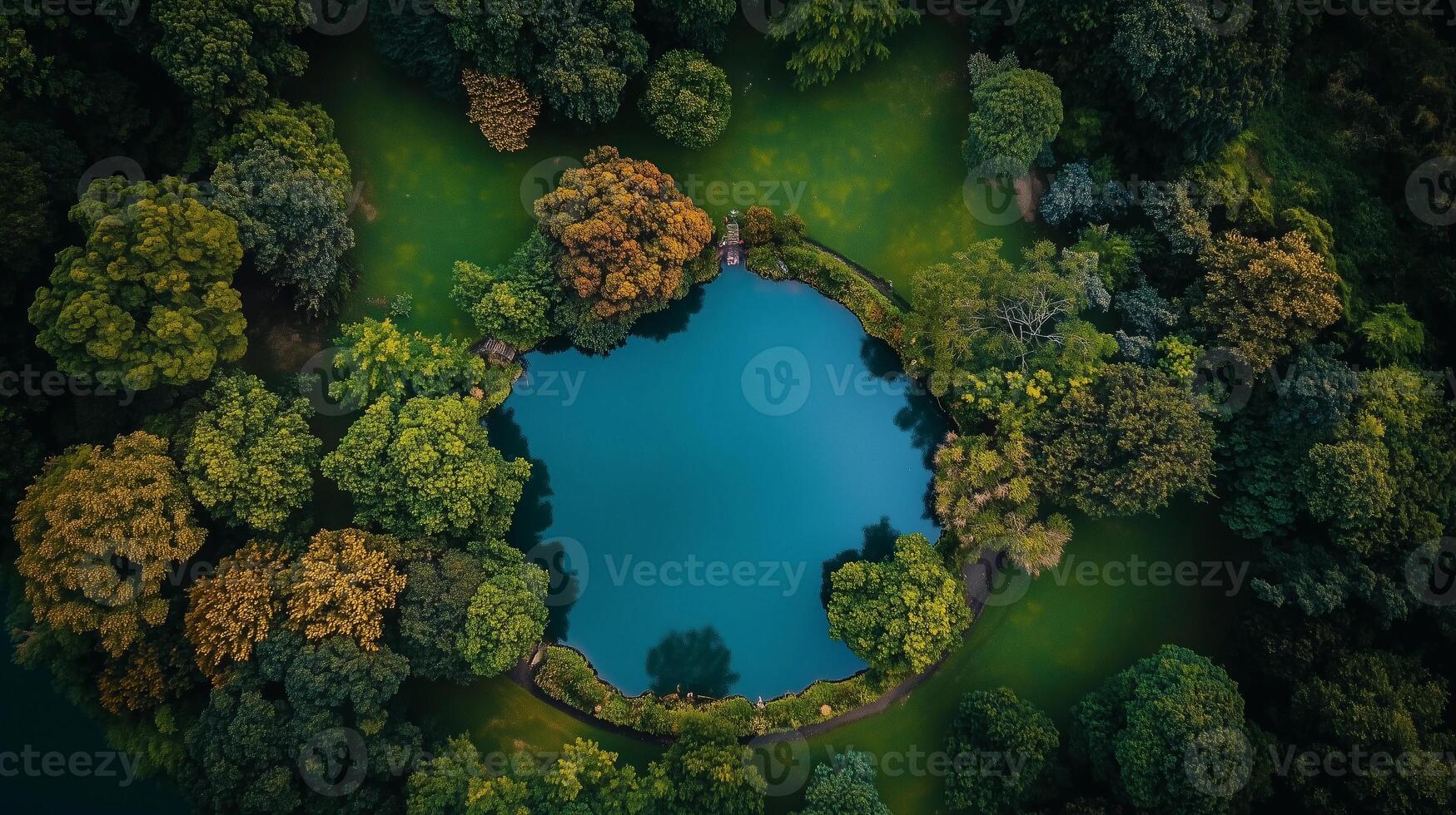 A large pond surrounded by trees with a blue water surface. The pond is in the middle of a forest photo