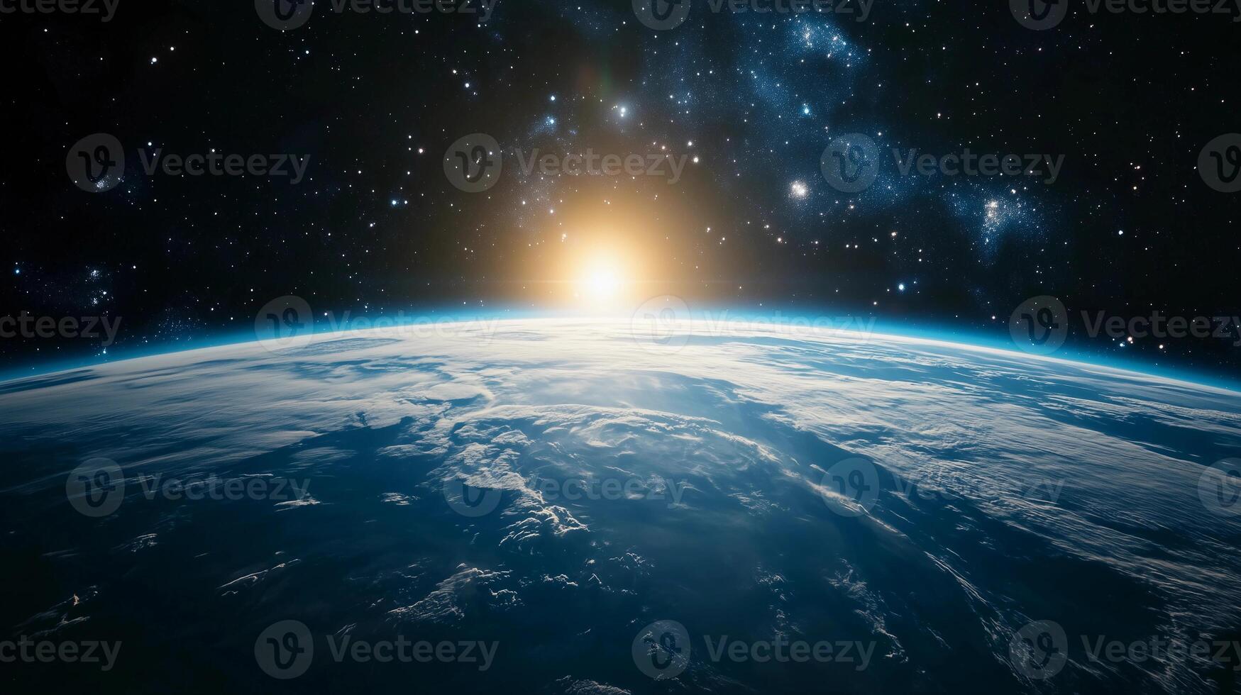 A beautiful view of the Earth from space, with the sun shining brightly on the planet. The sky is filled with stars, creating a serene and peaceful atmosphere photo