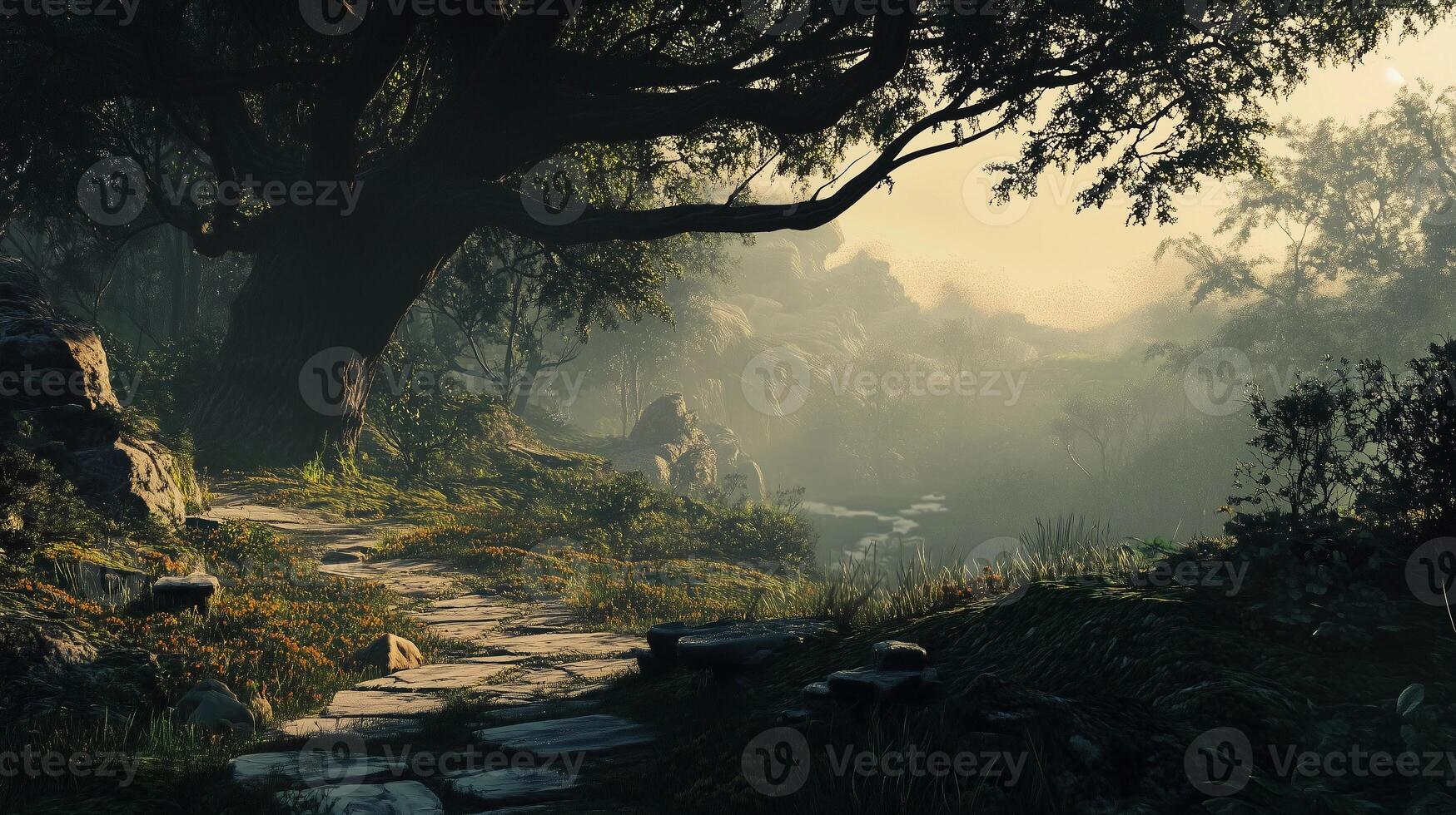 A tranquil forest scene with a large tree in the foreground and a path leading to it. The path is surrounded by lush green grass and rocks, creating a serene photo
