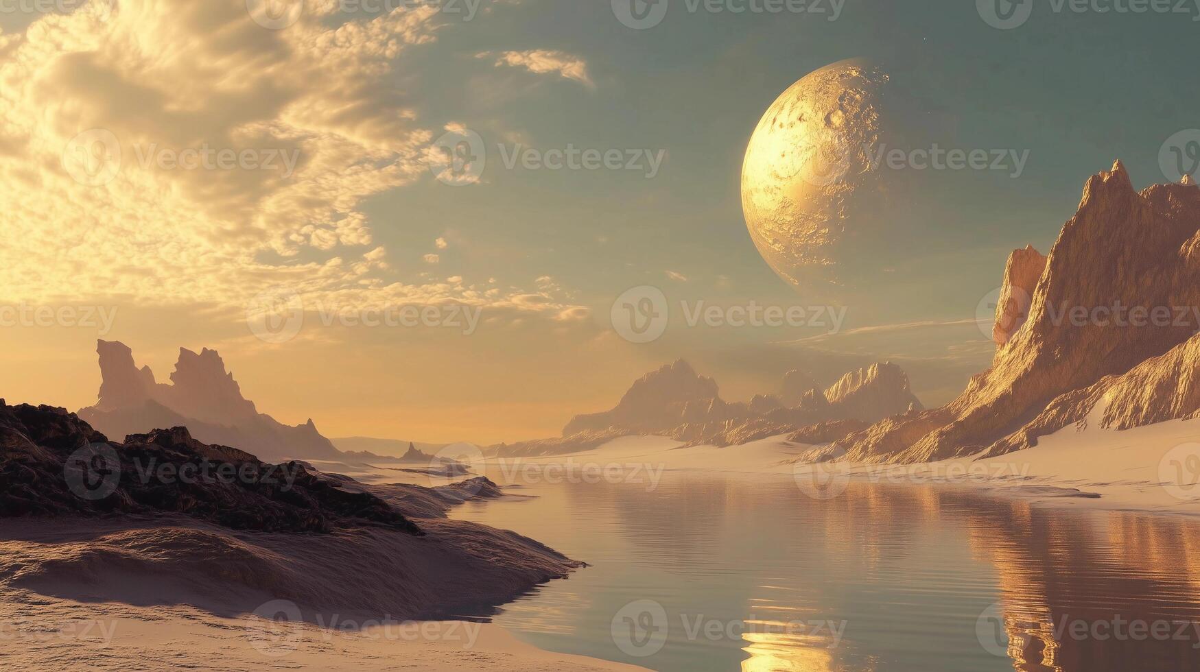 A beautiful landscape with a large planet in the sky. The sky is filled with clouds and the sun is setting. The water is calm and the reflection of the sky photo