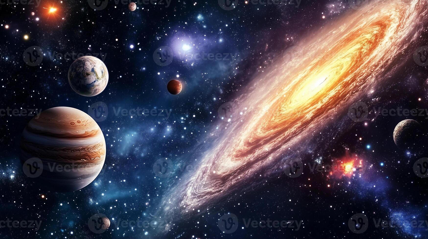 A colorful space scene with a large, yellowish-orange planet in the center. The planets are in various sizes and positions, with some closer to the viewer photo