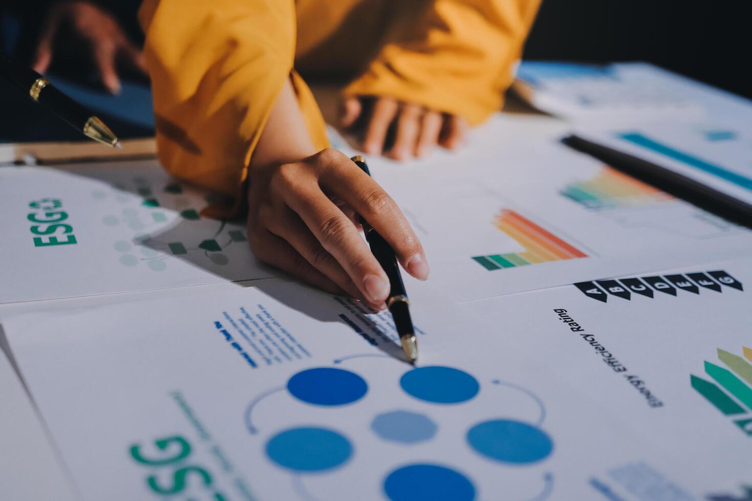 Businesswoman using pen to draw graphs on paper photo