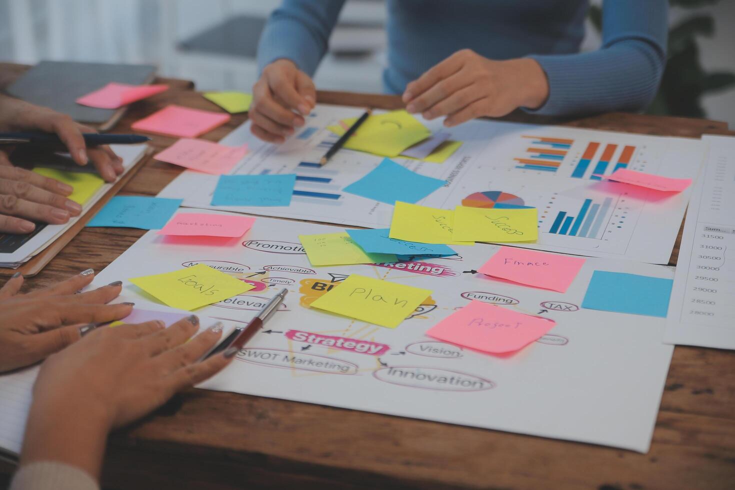 People working on a project with sticky notes photo